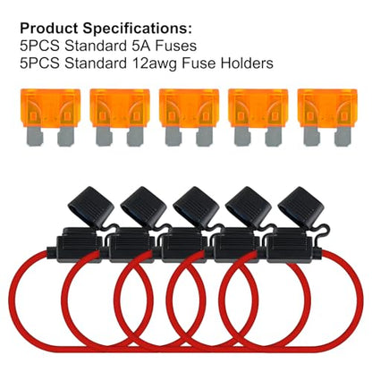 MuHize 12AWG Inline Fuse Holder - Premium Waterproof Automotive Blade Fuse Holder with 5A Standard Fuses ATC/ATO, 5 Pack Line Fuses Holders for Automotive Marine RV