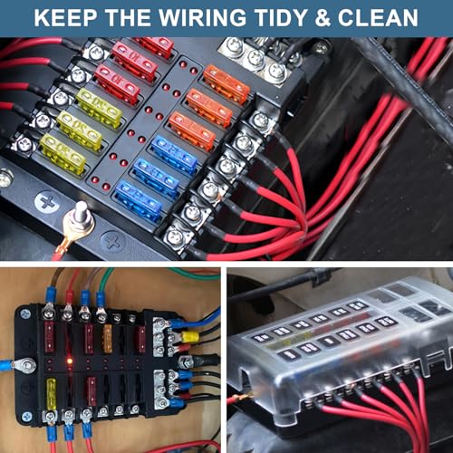 BetyBedy 12 Way Fuse Block, 12V Marine Fuse Box with LED Indicator, Automotive 12-Circuit Blade Fuse Block with Waterproof Cover for RV Motorcycle Boat Vehicle, 24PCS Fuses ＆ Tip Stickers Included - style: 12-Way