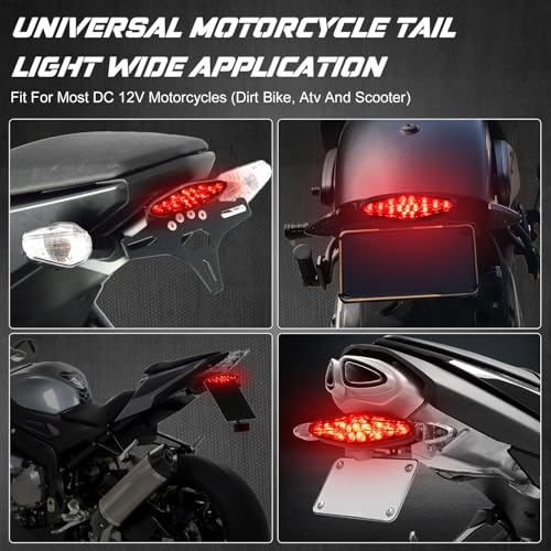 NTHREEAUTO Universal Motorcycle Tail Light LED Brake Running Lights with License Plate Bracket, ATV Dirt Bike Taillight Compatible with Honda Yamaha Suzuki Quad Chopper Turing Cruiser Off-Road