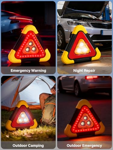 USB Rechargeable LED Road Safety Triangles, 4-in-1 Standard Warning Triangles Emergency Reflector with 30 High Visibility LED, Power Bank, Flashlight, SOS, Emergency Triangles for Vehicles