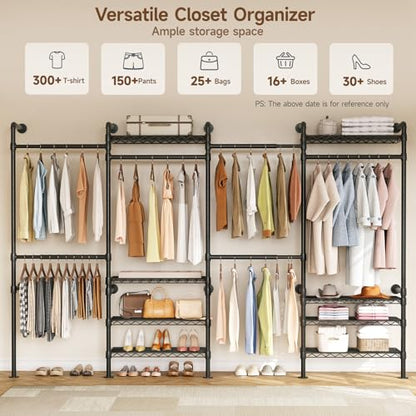ONBRILL H4 Wall Mounted Closet System, Expandable Industrial Pipe Clothes Rack Clothing Rack for Hanging Clothes, Heavy Duty Closet Organizers and Storage in Wardrobe Closet - color: Black