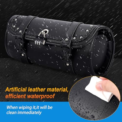 Retro Motorcycle Handlebar Bag with Combination Lock,PU Leather Handlebar Bag,Dual Mount Anti-Theft Motorcycle Tool Bag,Universal Easy Install for Most Models - color: Black - Round