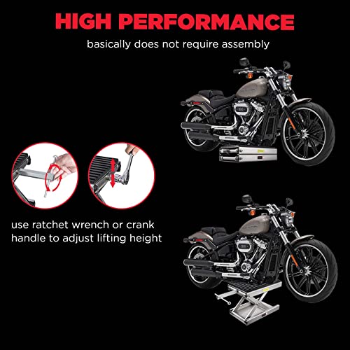 CXRCY 1200 LBS Motorcycle Lift Scissor Jack Stainless Steel Finish Upgraded Dirt Bike ATV Steel Motorcycle Hoist Stand with Ratchet Wrench,Crank Handle,Thickened Rubber Pad,Wide Deck - color: 1200 LBS Stainless Steel