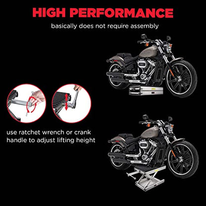 CXRCY 1200 LBS Motorcycle Lift Scissor Jack Stainless Steel Finish Upgraded Dirt Bike ATV Steel Motorcycle Hoist Stand with Ratchet Wrench,Crank Handle,Thickened Rubber Pad,Wide Deck - color: 1200 LBS Stainless Steel