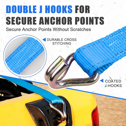 AWELCRAFT Ratchet Straps Heavy Duty 4 Pack,4500lbs Breaking Strength,1.5in×15ft Tie Down Ratcheting Strap with Padded Handles, Double J Hooks & Soft Loops for Motorcycle,Trailer & Trucks (Blue) - color: Blue