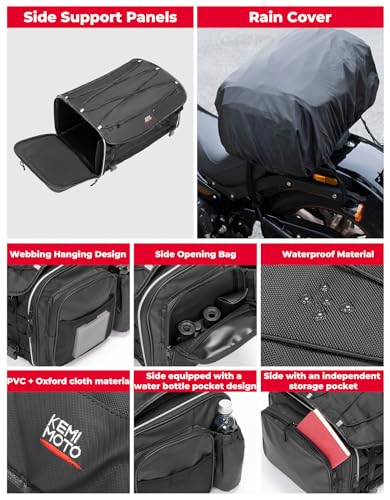 KEMIMOTO Motorcycle Travel Luggage Bags, Expandable Large Capacity Motorcycle Tail Bag, Waterproof Rear Rack Trunk, Motor Pannier Bag with Rain Cover and Straps 50L - size: 50L