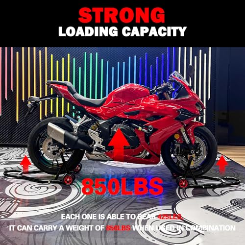 MOTO4U Motorcycle Front & Rear Stand, Front Rear Combo Stand Universal Wheel Lift Stand Swingarm Spool Lift Stand Paddock Stand (Red Wheel) - size: Front & Rear Stand Black