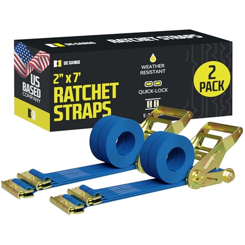 E Track Ratchet Straps Cargo Tie-Downs, (Pack of 2) 2 x 7 Heavy Duty Blue Tie-Down Rachet Straps, Strong Ratchet Strap, E Track Spring Fittings, Tie Down Motorcycle - size: 2 - Pack