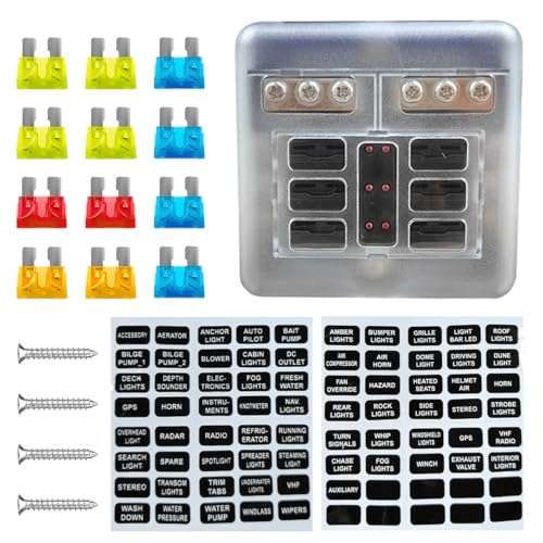 YoRise 12V 6 Way Fuse Block, Waterproof ATO/ATC Blade Fuse Panel with LED Warning Indicator & Damp-Proof Cover, Automotive Circuit Fuses Box Holder for 24V Car, Marine, RV, Truck, Golf Cart (Black)