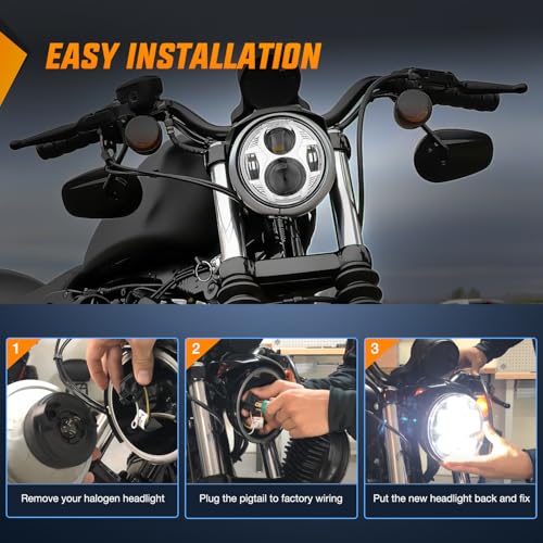 Nilight 5-3/4 5.75 Inch Motorcycles LED Headlight Compatible with Harley Davidson Sportster Iron 883 Dyna Street Bob Super Wide Glide Low Rider Night Rod Train Softail, Chrome - color: 5.75Inch LED Headlight Chrome