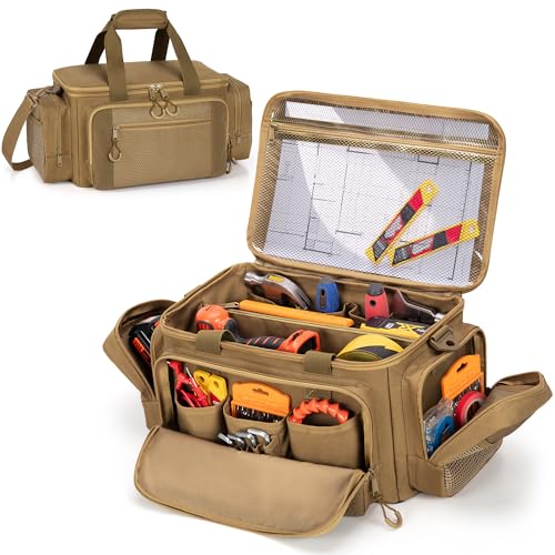 Tactical Tool Bag with Anti-friction Bottom, Hand Tool Tote Storage Organizer for Men, Small Range Bag for Electricians, Carpenters, Mechanics and Repairman, Khaki - color: Khaki