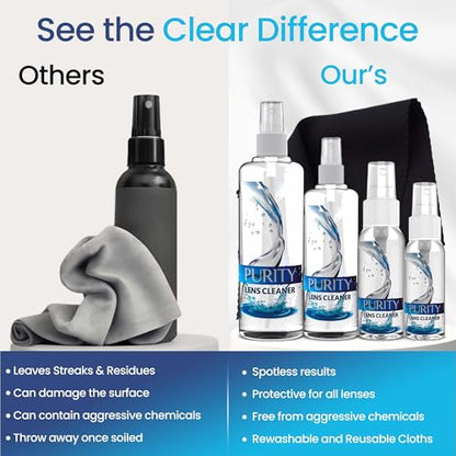 Purity Eyeglass Cleaner Family Pack - Multi-Size Lens Cleaner Kit - 1x1oz, 1x2oz, 1x4oz, 1x8oz Bottles + 4 Premium Microfiber Cloths - Safe for All Lenses, Eyeglasses, & Screens - Streak-Free Formula - style: 8 Piece Set - (1oz + 2oz + 4oz + 8oz Lens Spra