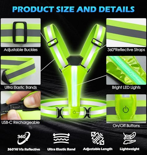 Topward LED Reflective Vest Running Gear, 8 Lights Colors Illuminated, USB-C Rechargeable, High Visibility Safety Vest with Adjustable Waist/Shoulder, Light Up Vest for Night Dog Walking Cycling