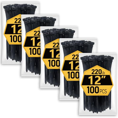 Zip Ties Heavy Duty 12 inch (500 Pack), Heavy Duty Cable Ties with 220 lb Tensile Strength for Outdoor Use, Black Wire Ties by ANOSON - size: 12"/500 pk (220 Lb)