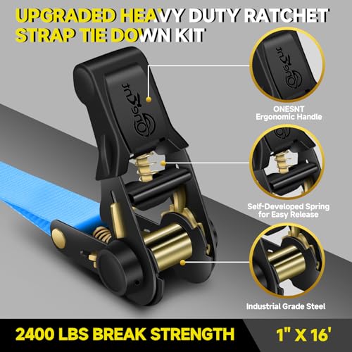 4Pcs Ratchet Tie Down Straps Kit for 2400lb Break Strength | 1” x 16FT Tie Down Straps with Soft Loop Tie-Downs & Safety S Hook - Cargo Strap Tie Down for Trucks, Motorcycle, Moving, Appliances - Blue - color: Blue