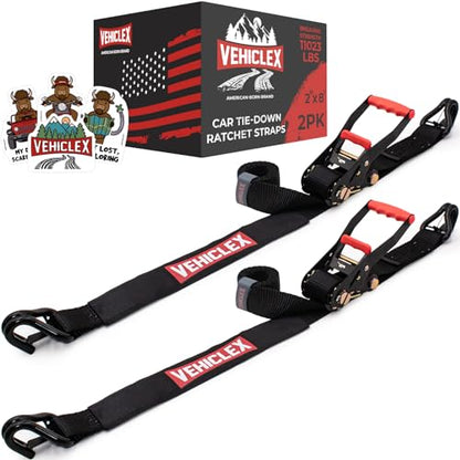 Vehiclex Car Tie Downs with Double J-Hooks - Heavy Duty 2PK, 2" x 8ft Car Hauling Straps for Trailers, 11,000 lb Breaking Strength - style: Ratchet Straps 2PK