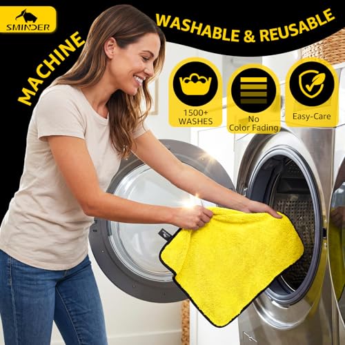 SMINDER 12-Pack Microfiber Cleaning Cloth, Car Drying Towels Car Detailing– XL Microfiber Towels for Cars, Trucks (15.7" x 15.7"), Ultra-Absorbent, Streak-Free, Scratch-Free, No Water Spots - color: Yellow