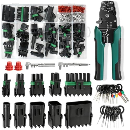 308PCS 19 Sets Weather Pack Connectors Kit, 1 2 3 4 6Pin Automotive Electrical Wire Connectors with Stripper(18-12AWG), Male Female Terminals Plug Kit and Terminal Removal Tool - size: 308PCS
