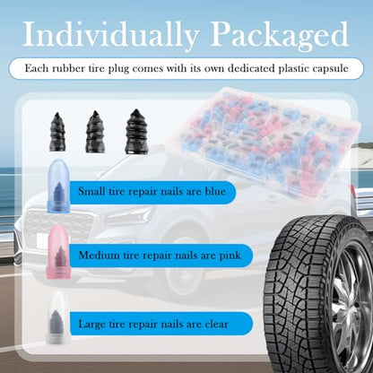 OFBAND 100PCS Tire Repair Rubber Nail Kit with 3 Sizes,Professional Vacuum Tire Plug Kit for Quick Repairs,Self-Service & Self Sealing Screw in Tires Plugs with Screwdriver & Box