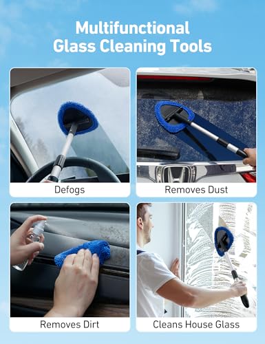 AstroAI Car Windshield Cleaner Tool, Window Cleaning Kit with 39in Car Mirror Squeegee, 4 Reusable Microfiber Pads and Extendable Handle, Blue - style: with a Mirror Squeegee