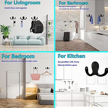 3 Pack Black Double Prong Coats Towel Hooks For Bathrooms Wall Mounted Shower Rustproof, 1.37 Oz Retro Wall Hooks Heavy Duty Hanging Towels Coat Hat Loofah Robe Key Scarf Bag Cap Kitchen Accessories