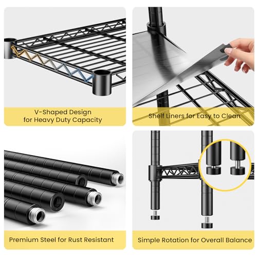 45" W Storage Shelves 5 Tier Wire Shelving, Adjustable Metal Shelving Unit with Shelf Liners, 1875LBS Heavy Duty Storage Rack for Garage Pantry Kitchen Commercial, 45" W x 16" D x 72" H, Black - size: 45" W x 16" D x 72" H-5 Tier