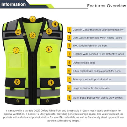 Class 2 High Visibility Reflective Safety Vests Women & Men With 15 Pockets And Zipper Front,Meets Ansi/Isea Standards - color: Yellow_body Black Trims, size: 5X-Large