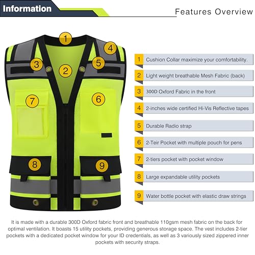 Class 2 High Visibility Reflective Safety Vests Women & Men With 15 Pockets And Zipper Front,Meets Ansi/Isea Standards - color: Yellow_body Black Trims, size: X-Small