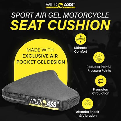 Wild Ass Motorcycle Air Gel-Sport Seat Cushion - Ergonomic Universal Fitting Air Adjusting Pad with Straps - Ultimate Rider Comfort & Relief, Cool Flow Motorcycle Accessories for Long Rides - Black - style: Air Gel
