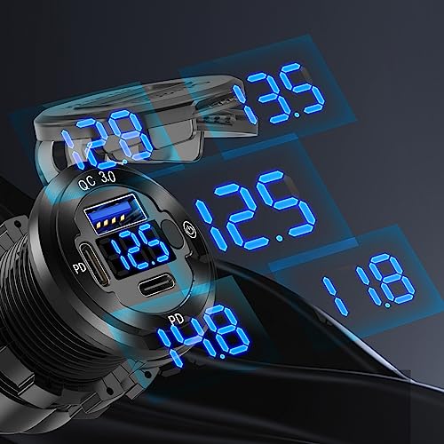 2 PACK 12V USB Car Socket Round USB C 12V Outlet, 3-Port Marine Fast Charger Waterproof Cigarette Outlet Replacement Aluminum with Switch and Voltmeter, Suitable for Boat Golf Cart RV Motorcycle - color: pack of two