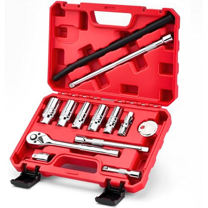 13pc 3/8" Spark Plug Socket Set with Installation Tube, 3/8" Drive Ratchet Wrench,3 Extension Bars(3",6",10")，Spark Plug Socket Sets, Gap Tool, U Joint,1/2" to 3/8" Adapter (13pcs) - style: Standard Set