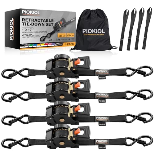 Retractable Ratchet Straps (4-Pack) - 1 Inch x 10 Feet (1,764lb Break Strength) - Heavy Duty Auto Self Retracting Tie Down Straps for Truck, Cargo Trailer, Motorcycle, ATV, UTV - Black - color: Black