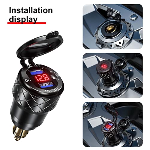 Kewig Aluminum DIN Plug Charger Motorcycle Dual Quick 3.0 USB Charger Power Adapter with LED Display Waterproof for 12V-24V BMW Ducati Triumph DIN Socket - style: Red with Blue Light