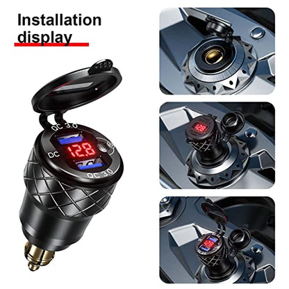 Kewig Aluminum DIN Plug Charger Motorcycle Dual Quick 3.0 USB Charger Power Adapter with LED Display Waterproof for 12V-24V BMW Ducati Triumph DIN Socket - style: Red with Blue Light