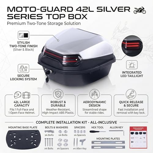 Japard Motorcycle Top Case 42L Daily Rear Tail Box Trunk, Lockable Storage Carrier, Waterproof Universal Mounting for Helmet Luggage (Silver White) - color: Silver White