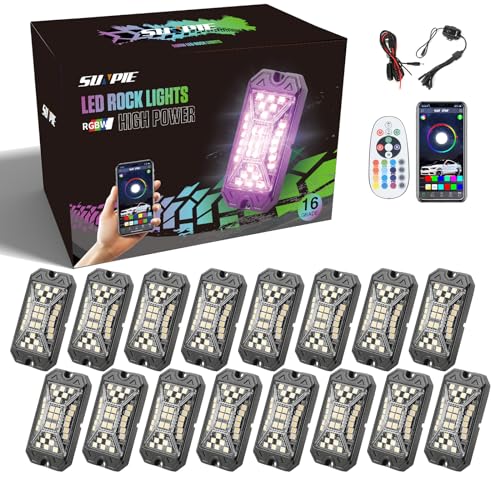 SUNPIE 16 Pods RGBW Rock Lights – Full Beam Angle, 30 High Power Chips, Aluminium Housing, Mounting Pads Included, IP67 Waterproof, Music Mode Underglow Lights, Fits Trucks, SUV, ATV, UTV, Boats - size: 16Pcs