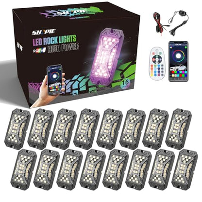 SUNPIE 16 Pods RGBW Rock Lights – Full Beam Angle, 30 High Power Chips, Aluminium Housing, Mounting Pads Included, IP67 Waterproof, Music Mode Underglow Lights, Fits Trucks, SUV, ATV, UTV, Boats - size: 16Pcs