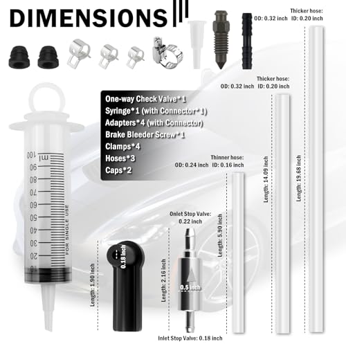 Brake Bleeder Kit,Brake Bleeder Hose One Way Check Valve Kit with Hose/100ml Syringe/Adapters/Clamps/Screws/Caps,Professional Brakes Fluid Bleeders Kits for Cars,Trucks,Motorcycles