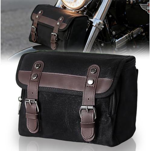Motorcycle Tool Bag Vintage Saddle Bag Motorcycle Fork Bag Canvas Sissy Bar Bags Handbar Bag for Bike Large Capacity Waterproof Storage Bag for Powersports Cameral Bag for Men&Women - color: Black