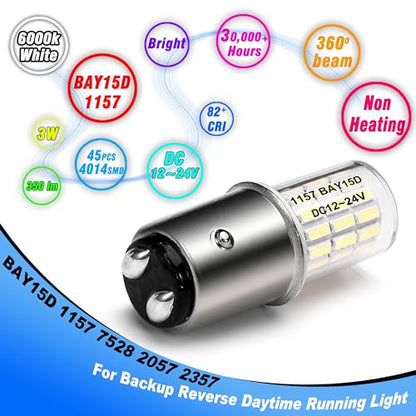 Heifymi DC12-24V 1157 Led Brake Light Bulb, BAY15D 7528 2057 2357 3 Watt Super Bright 6000K Xenon White LED Replacement Backup Reverse Daytime Running Light for Car Camper RV Trailer Boat, 2 Pack - color: 6000K Daylight White, size: BAY15D