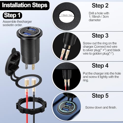 12v usb charger, PD 20W USB-C Power Socket and 18W QC3.0 Socket Waterproof Power Outlet 12V/24V with Power Switch 12V USB C Outlet for Car Golf Cart Boat Marine Bus Truck RV Marine Motorcycle etc. - color: 2QC+1PD