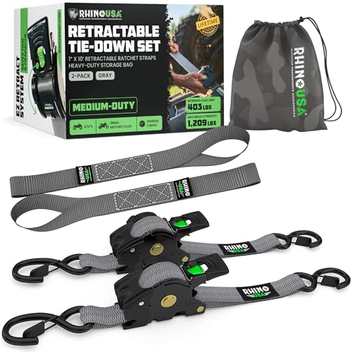 Rhino USA Retractable Ratchet Straps (2-Pack) - 1 Inch x 10 Feet (1,209lb Break Strength) - Auto Self Retracting Tie Down Straps for Truck, Cargo Trailer, Motorcycle, ATV, UTV - Gray - color: Gray, size: 2 Pack