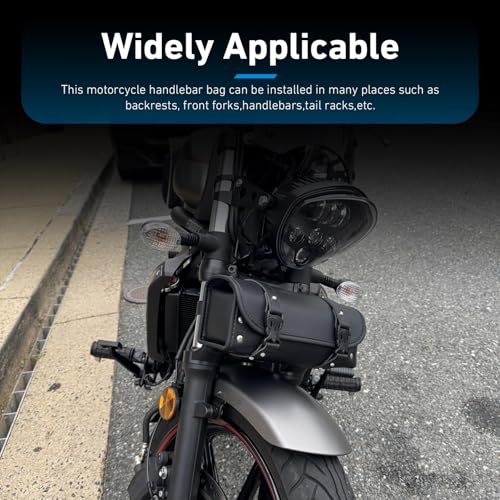 Motorcycle Fork Bag, Waterproof Leather Front Handlebar Saddle Bags, 11.61 x 3.54 x 4.72 Inches Sissy Bar Storage Pouch with Straps, Universal for Most Motorcycles, Bikes (Black)
