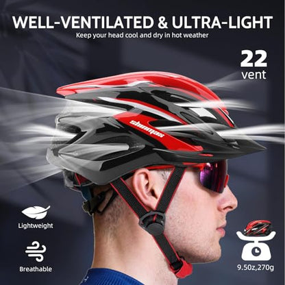 Bike Helmet Men Women, Shinmax Bicycle Helmet with Rear Light and Detachable Visor - color: Black/Red/White, size: Medium (54-58 cm)