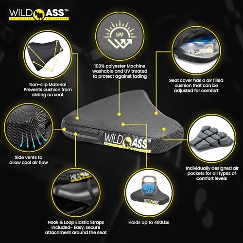 Wild Ass Sport Classic- Motorcycle Air Gel Seat Pad, Ergonomic Air-Adjusting Cushion with Straps, Ultimate Comfort & Relief, Cool Flow Motorcycle Accessory for Long Rides - Black - style: Classic