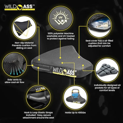 Wild Ass Sport Classic- Motorcycle Air Gel Seat Pad, Ergonomic Air-Adjusting Cushion with Straps, Ultimate Comfort & Relief, Cool Flow Motorcycle Accessory for Long Rides - Black - style: Classic