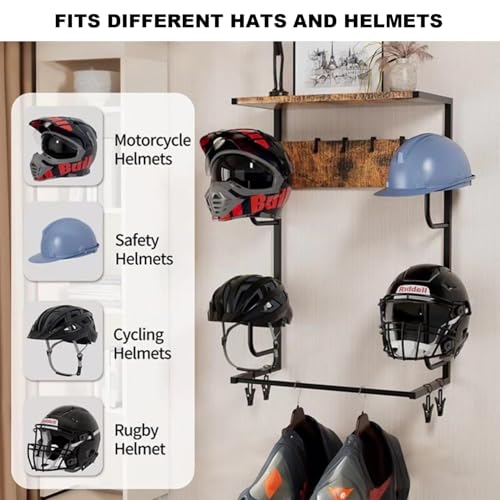 Motorcycle Helmet Holder Wall Mounted, Helmet Wall Mount with 4 Hat Stands and 4 Hooks, Motorcycle Gear Rack for Most of Helmet and Clothes, Motorcycle Accessories Gear Storage for Men