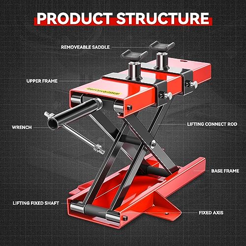Auto Dynasty Motorcycle Lift Jack, 1100LBS Capacity Steel ATV Scissor Lift Jack Stand Hoist with Saddle and Safety Pins for Motorcycles, Bicycles, ATVs, UTVs, Dirt Bikes - size: 1100 LBS