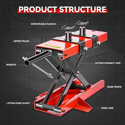 Auto Dynasty Motorcycle Lift Jack, 1100LBS Capacity Steel ATV Scissor Lift Jack Stand Hoist with Saddle and Safety Pins for Motorcycles, Bicycles, ATVs, UTVs, Dirt Bikes - size: 1100 LBS