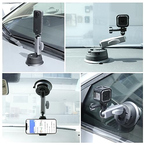 PULUZ Car Suction Cup Mount 360° Rotation Windshield & Window Camera Bracket for GoPro Hero 11 10 9 8 7 Insta360 X3 DJI Action Camera Accessories with Phone Holder with 1/4 Thread - size: 9cm/3.5inch Suction Cup-Upgrade